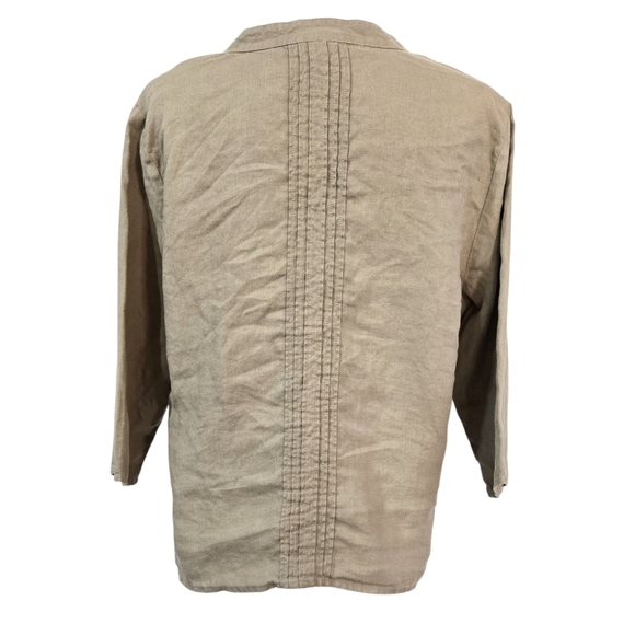 J. Jill 100% Linen Tan Floral Embroidered Pleated Button-Up Shirt Boho Lagenlook - Picture 2 of 8